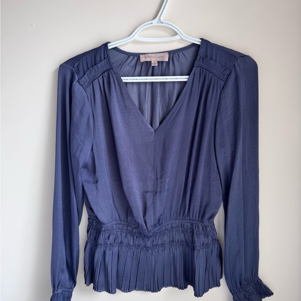 Philosophy Blue Smocked Long Sleeve Blouse